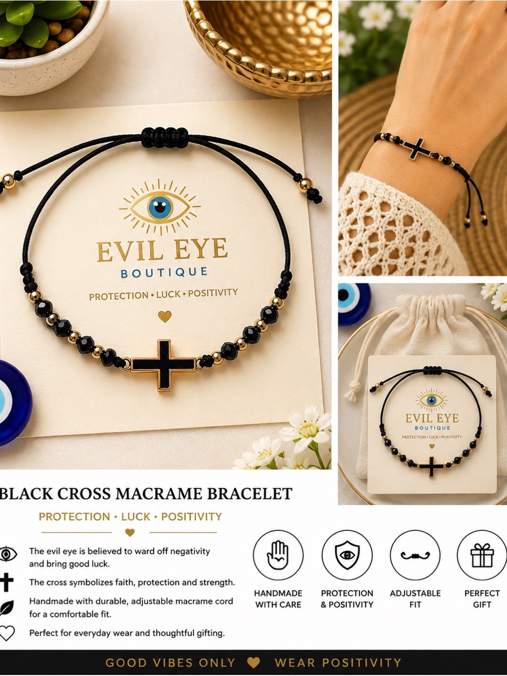 Evil Eye Boutique Black Cross Macrame Bracelet